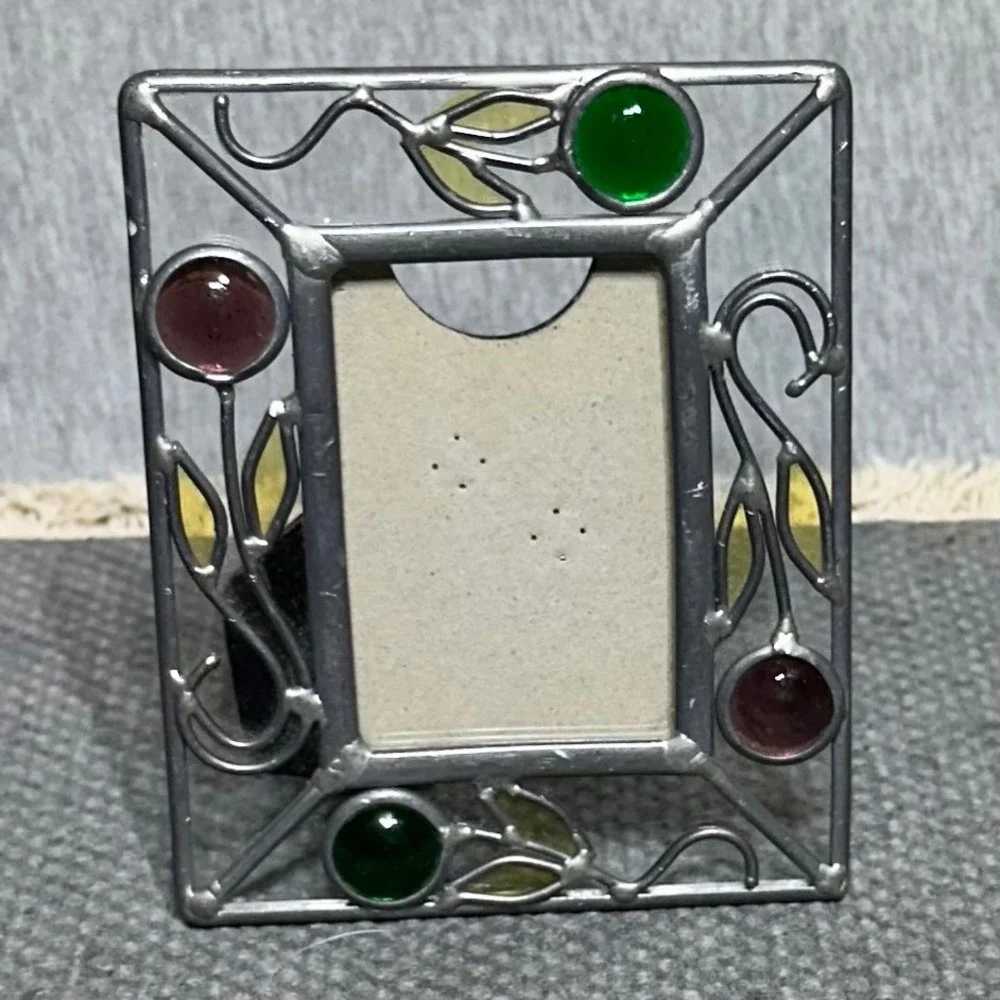 Vintage Stained Glass Mini Photo Frame Art Nouveau Leaded Metal Floral 4x3.5